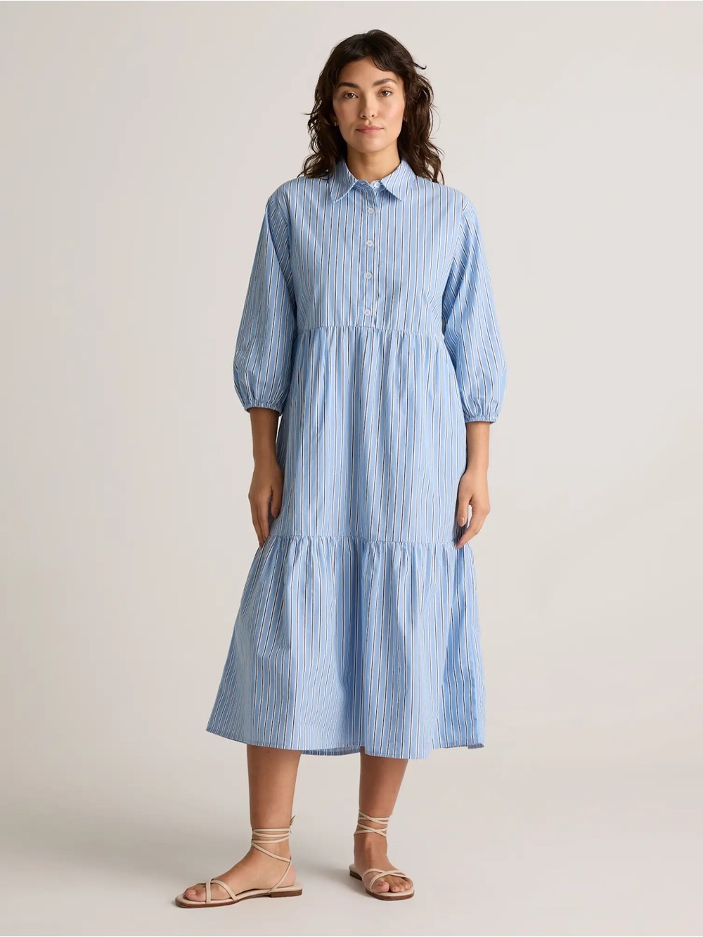 Quince Light Blue Pinstripe Midi Shirt Dress